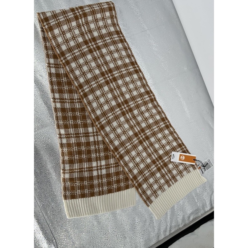 Timberland Brown/Ivory Plaid Knit Rectangle Scarf Unisex Logo Accent(6-b10)
